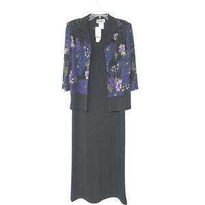 Vtg Enfocus Event Gala Black Evening Dress size 10 Purple Floral Glitter Jacket